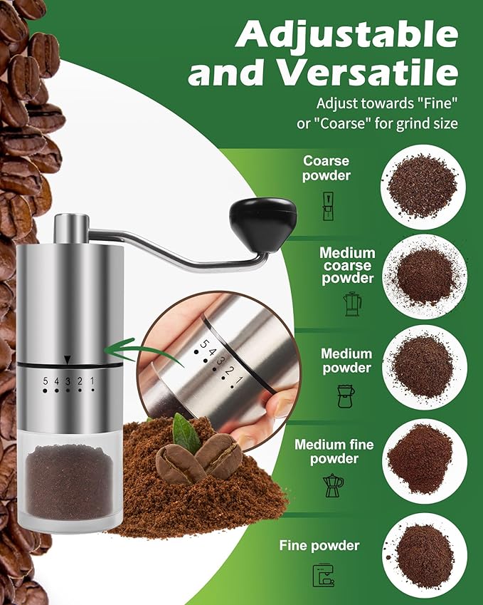 Stainless steel Burr Manual Coffee Grinder for Drip,French Press,5 Adjustable Settings,Hand Coffee Grinder,For Home Use and Camping,Coffee Bean Grinders With Hand Crank (Stainless steel Burr-Slivery)