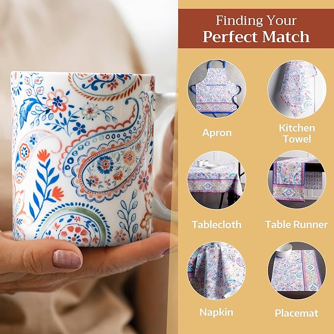Maison d' Hermine Coffee Mug with Handles Fine Bone China Mugs Pack of One Tea Cups for Hot Beverages Cappuccino Latte Home Restaurant Office Perfect for Gift (Indian Floral - Paisley, 15 Ounce)