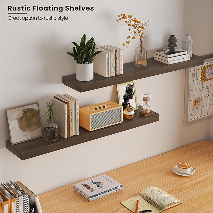 Vivelove Solid Wood Rustic Floating Shelves 8 inch Deep, 36” x 8”x 1.4” Floating Wall Shelves for Living Room Kitchen Bedroom Bathroom Office, Farmhouse Home Decor, 2 Packs, Dark Walnut, Pine Wood