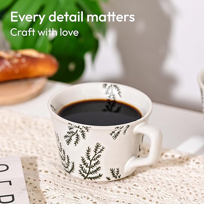 LINVIA Ceramic Coffee Mug, 12 oz Novelty Unique Teacup with Handle, Stoneware Cup for Tea Mocha Latte Cappuccino Espresso (Set of 2, Ivy and Leaf)