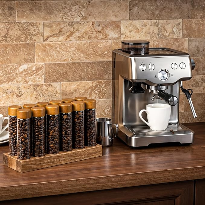 12 Pack Single Dose Coffee Bean Storage Tubes with Wooden Stand, Coffee Bean Cellar Container with Walnut Solid Wood Base, Espresso Beans Canisters Set (2 OZ)