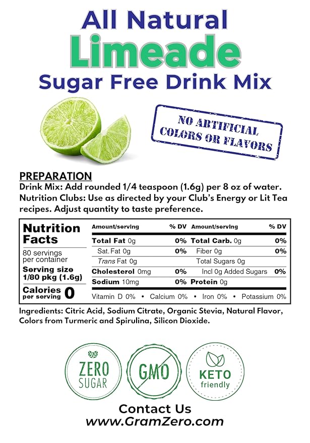 GramZero All Natural Limeade Zero Calorie Sugar Free Drink Mix, Great For Nutrition Club Loaded Tea, Stevia Sweetened