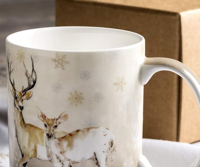 Maison d' Hermine Coffee Mug with Handles Fine Bone China Mugs Pack of One Tea Cups for Hot Beverages Cappuccino Latte Home Restaurant Office Perfect for Gift (Deer In The Woods - Oh Deer, 12 Ounce)