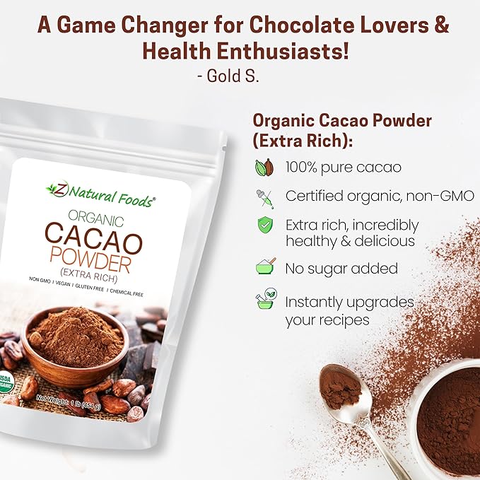 Z Natural Foods Organic Cacao Powder - Unsweetened Nutrient-Dense Superfood for Healthy Aging - Extra-Rich Dark Chocolate Flavor Perfect for Chocolate Recipes, Shakes or Smoothies, 1 lb