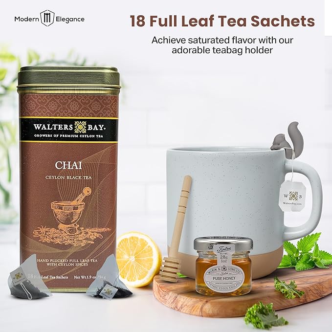 Modern Elegance Tea Lover's Gift Basket – Get Well Gift Box with Cozy Socks, Ceramic Mug, 18 Full Leaf Sachets, Honey Jar, and Sending Hugs Card (Chai + Ceramic Mug)