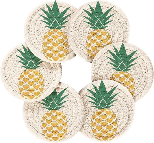 Pineapple Golden Tropical Gold Drink Coasters Set of 6 with Holder - Absorbent Decorative Bar Coasters for Coffee Table Protection
