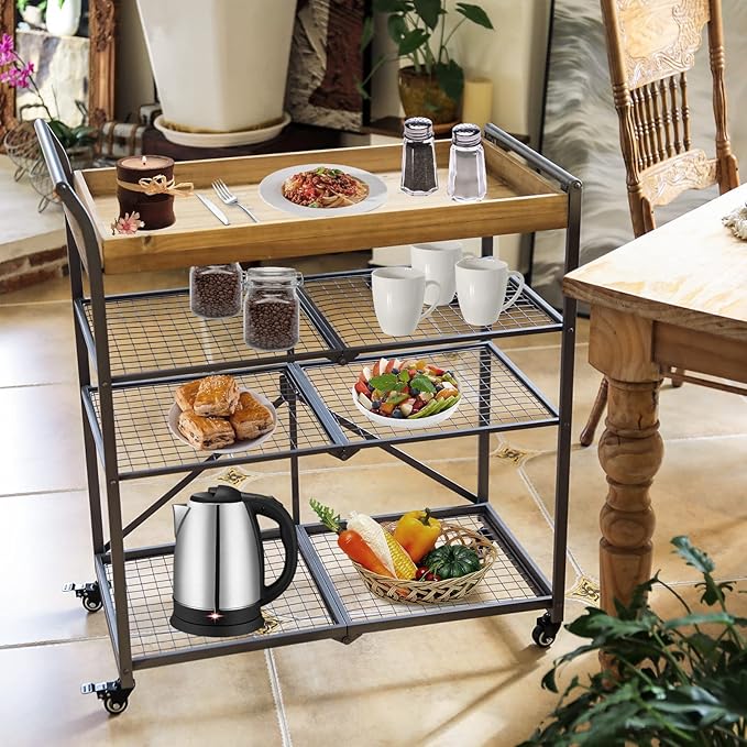 Vipush Kitchen Serving Cart, 4-Tier Kitchen Utility Cart on Wheels with Storage for Living Room, Wood Look Accent Furniture with Metal