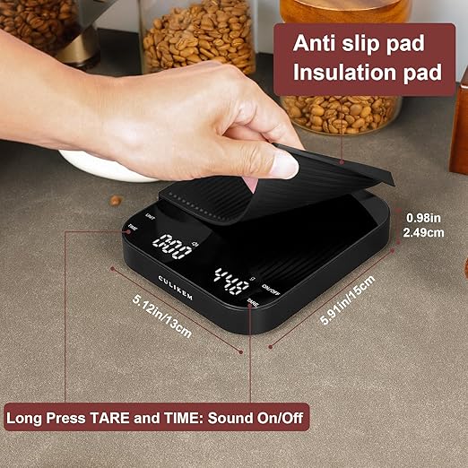 Coffee Scale with Timer, Kitchen, Digital, Rechargeable, Glass Mirror Design, for Pour-Over Barista, 0.3-3000g/0.1g