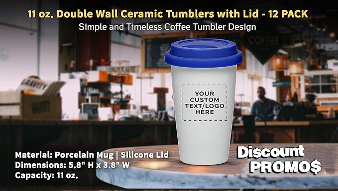 Personalized 11 oz. Double Wall Ceramic Tumblers with Lid - 12 Pack - Custom Text, Logo - Blue