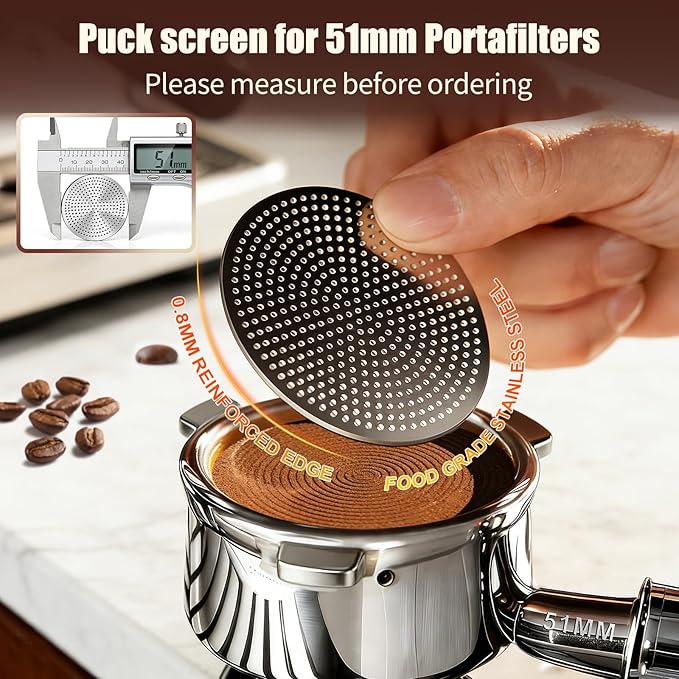 51mm Puck Screen 2 Pack, 0.8mm Thickness 150μm Reusable Espresso Puck Screen, Dual-Layer 316 Stainless Steel Coffee Filter Screen for 51mm Portafilter Basket, Even Extraction Barista Tool