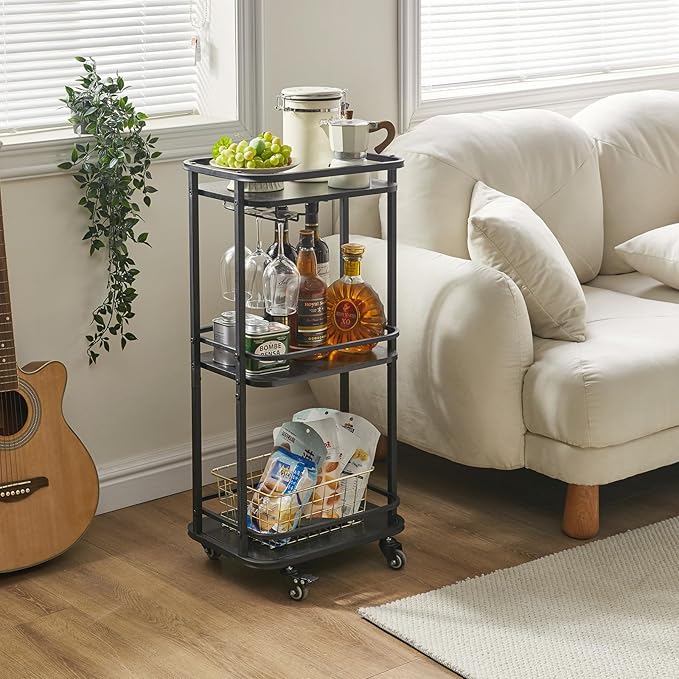 IBUYKE 3-Tier Home Bar Serving Cart,Kitchen Storage Carts with Wheels,11.79x15.72x33.01 inches,Rolling Mini Bar Cart for Home, Outdoor, Kitchen, Bedroom TMJ319B