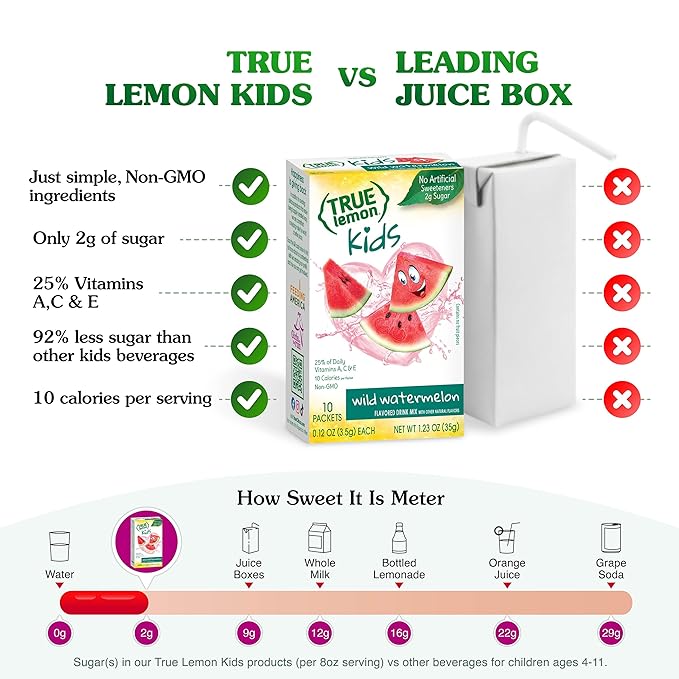 TRUE LEMON KIDS Wild Watermelon (10 Packets) - Hydration for Kids - No Preservatives, No Artificial Flavors & Sweeteners - Low Sugar Water Flavoring - Juice Powdered Drink Mix