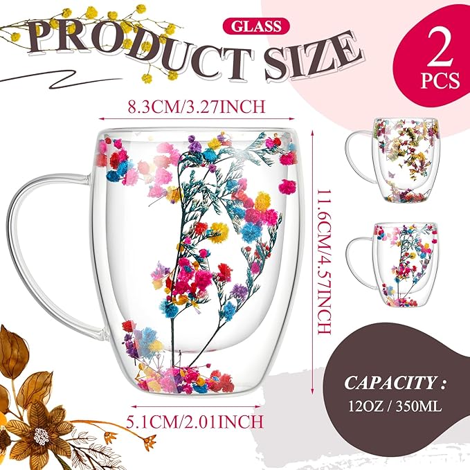 Rtteri 2 Pcs Double Wall Glass Coffee Mugs Clear Flower Coffee Mug with Handle 350 ml Creative Insulated Heat Resistant Coffee Cups for Tea Cappuccino Espresso Latte (Immortal Flower, Baby's Breath)