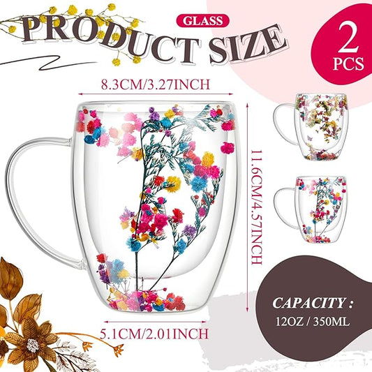 Rtteri 2 Pcs Double Wall Glass Coffee Mugs Clear Flower Coffee Mug with Handle 350 ml Creative Insulated Heat Resistant Coffee Cups for Tea Cappuccino Espresso Latte (Immortal Flower, Baby's Breath)