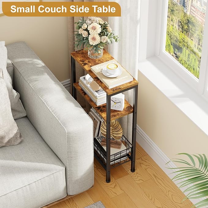 X-cosrack Narrow Side Table, Small End Table with Storage, 3-Tier Skinny Night Stand for Living Room, Bedroom, Small Spaces, Rustic Brown & Black(Patent Pending)