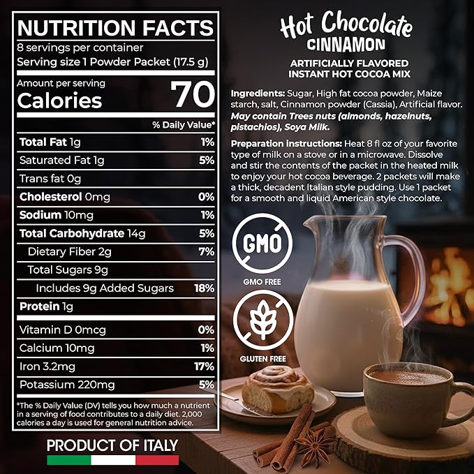 Cafe Garibaldi Premium Cinnamon Hot Chocolate - Instant Cocoa Mix with Cocoa Powder, Gluten-Free & GMO-Free, 8 Servings x 0.62oz Packets, Ideal Italian Hot Chocolate Gift