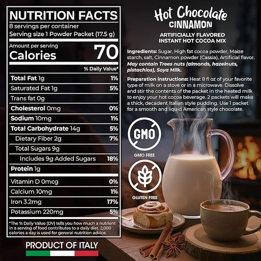 Cafe Garibaldi Premium Cinnamon Hot Chocolate - Instant Cocoa Mix with Cocoa Powder, Gluten-Free & GMO-Free, 8 Servings x 0.62oz Packets, Ideal Italian Hot Chocolate Gift