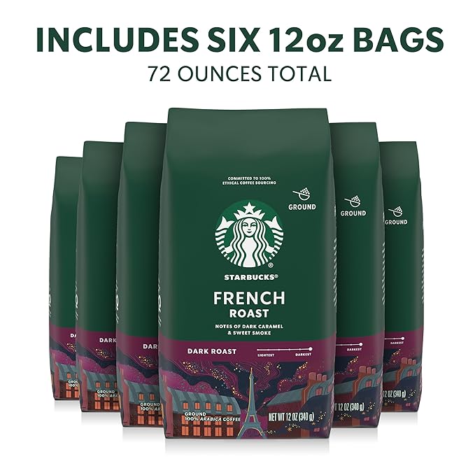 Starbucks Ground Coffee, Dark Roast Hot or Iced Coffee, French Roast, Six 12 oz Bags