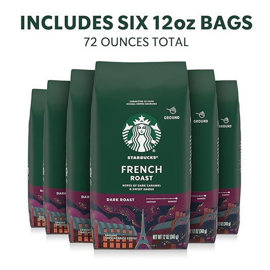 Starbucks Ground Coffee, Dark Roast Hot or Iced Coffee, French Roast, Six 12 oz Bags