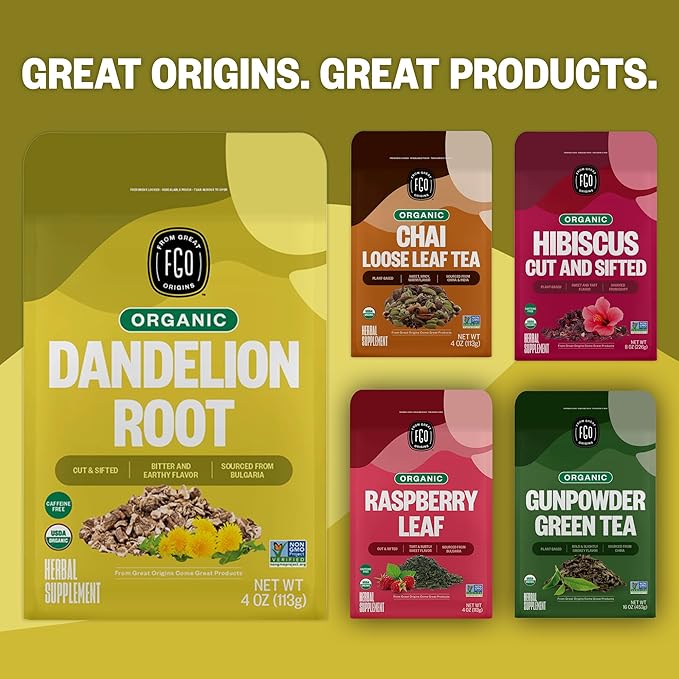 FGO Organic Dandelion Root, Cut and Sifted Loose Tea, 4 Ounce Resealable Bag, Packaging May Vary (Pack of 1)