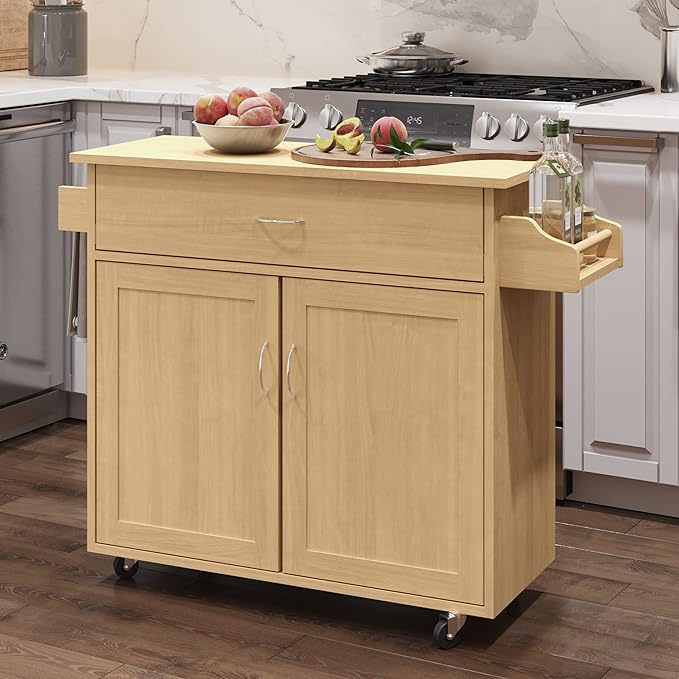Kitchen Island with Spice Rack and Storage Cabinet - Rolling Cart with Drawers for Coffee Bar, Additional Counter Space, or Storage by Lavish Home (Oak)