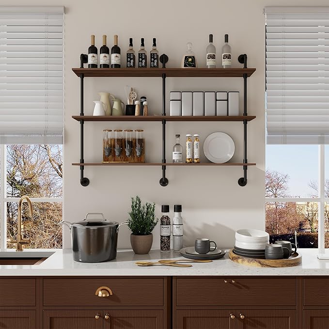 3-Tier Industrial Pipe Floating Shelf – Rustic 60 inch Wood Wall-Mounted Storage Shelf for Kitchen Office,Bathroom & Home Decor -Walnut