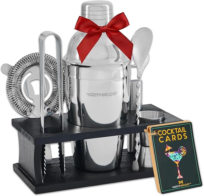 Modern Mixology Cocktail Shaker Set - 8 Piece Bartender Kit on Quality Pine Stand | Complete Cocktail Kit Gift Set | Top Bartender Gifts for Men | Leak Proof Design (Silver)