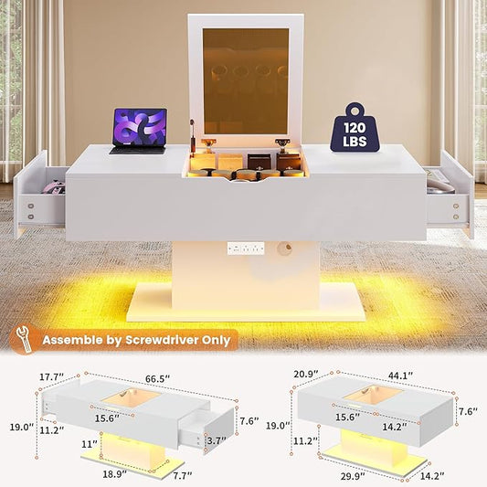 LED Coffee Table, 44" 3-Drawers Modern Coffee Table with Storage and Charging Station, for Living Room, White