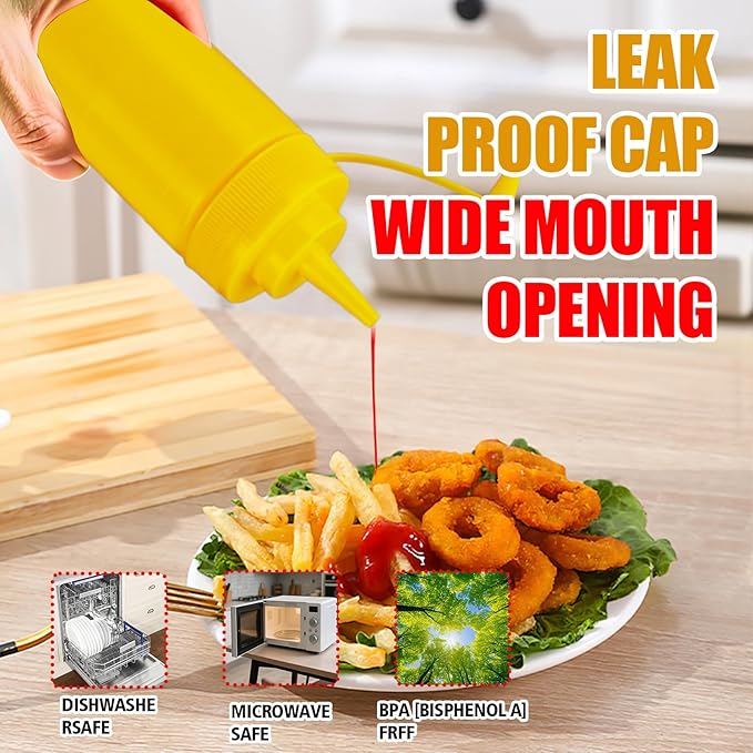 Squeeze Bottles for Sauces,Leak-Proof Condiment Dispenser, BPA-Free Kitchen Restaurant Squeeze Bottle Set with Wide Mouth for Ketchup, Mustard,Syrup,Dressings (Yellow, 4Pack-8oz(200ml))