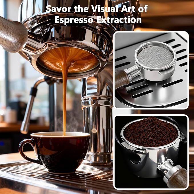 Espresso Accessories, 58mm Bottomless Portafilter with Detachable Double Spout, Dual-Layer Micro-Sift Basket (718 Holes), Walnut Wood Handle, Fits E61 Group Head Espresso Machines
