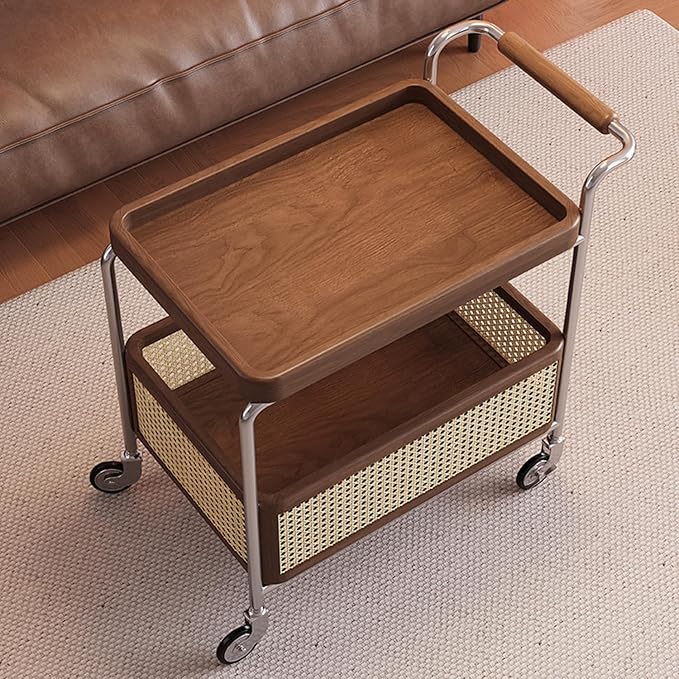 Mid Century Solid Wood Side Table,Rolling Cart,2 Tier Small End Table with Wheels,Mobile Side Table with Breathable Storage Basket,Suitable for Living Rooms,Kitchens,Bedrooms (Red B)