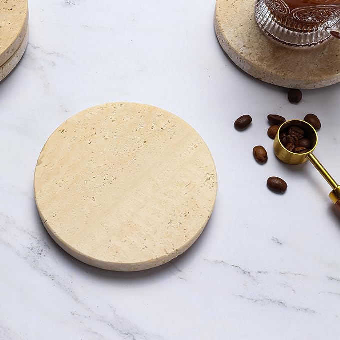Natural Travertine Coasters Set of 4-4" Round Stone Drink Coasters for Housewarming Gifts, Anniversaries, Office Decorations