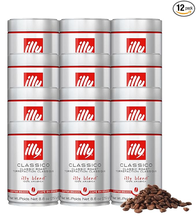 illy Whole Bean Coffee, Classico Medium Roast, 100% Arabica, Premium Italian Coffee, Ideal for Espresso, Drip, Moka and French Press Brewing, 8.8oz, 12 Pack