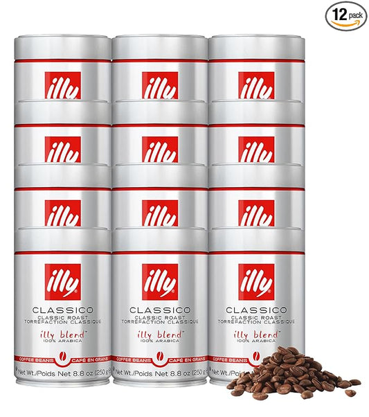 illy Whole Bean Coffee, Classico Medium Roast, 100% Arabica, Premium Italian Coffee, Ideal for Espresso, Drip, Moka and French Press Brewing, 8.8oz, 12 Pack