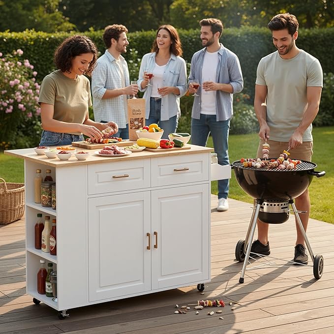 IRONCK Kitchen Island with Power Outlet & Drop Leaf, 47.2" Width Rolling Kitchen Island on Wheels with Storage, Mobile Kitchen Island Cart with Spice Rack, Open Shelves and Drawer, White