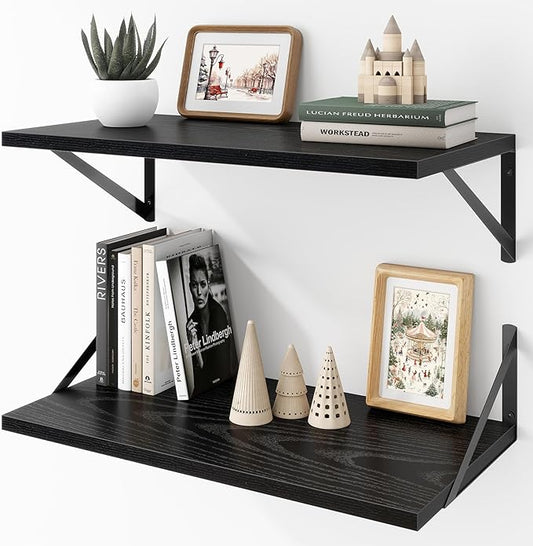 Deep Floating Shelves Wall Mounted, 24"x12" Black Wall Shelves with Brackets Set of 2 for Bedroom, Living Room, Bathroom, Kitchen, Office - Storage & Display Shelf for Decor, Books, Plants