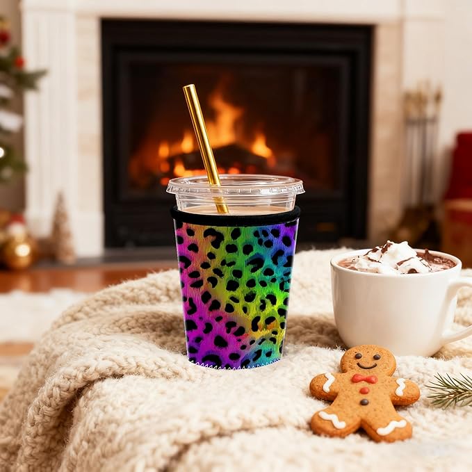 Rainbow Leopard Iced Coffee Sleeve Set Rainbow Leopard Iced Coffee Sleeve Set of 3 Colorful Neon Animal Print Insulated Coffee Sleeve for Women & Gifts Fits S/M/L 3-Pack