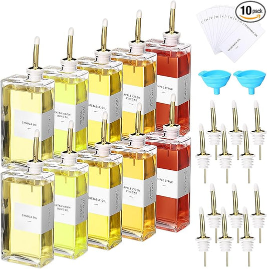 10 Sets Olive Oil Dispenser Bottles for Kitchen with Nozzles Funnel Labels Cooking Oil Dispenser 500ml Set for Kitchen Vinegar Coffee Syrup (Gold)