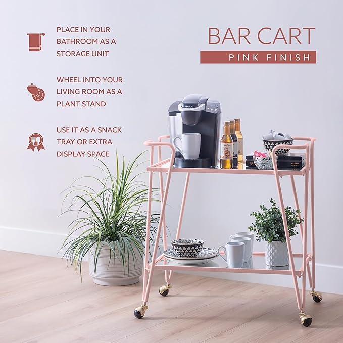 Gina Pink Mid-Century Bar Cart with Mirrored Shelves and Locking Wheels by Linon