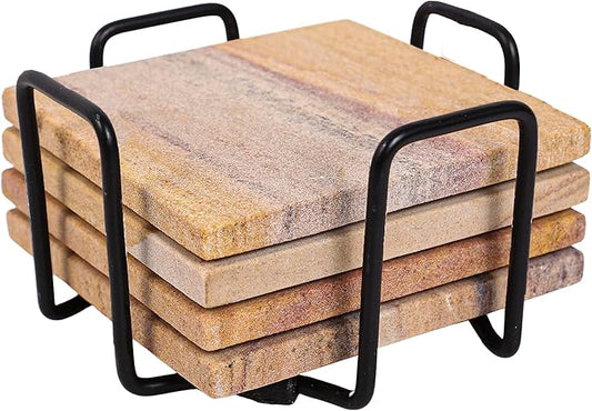 Sandstone Water Absorbent Hand Crafted Square Coasters for Drinks - 4 Inches Wide Thirsty Stone Bar/Drink Coasters- Made from Rainbow Sandstone (Set of 4 with Holder)