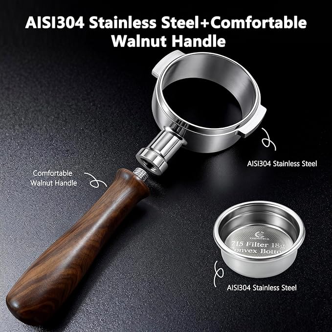 Espresso Accessories, 58mm Bottomless Portafilter with 18g Convex Filter Basket (715 Holes), Walnut Wood Handle, Compatible with La Marzocco, Slayer, Rocket Espresso, Lelit & E61 Machines