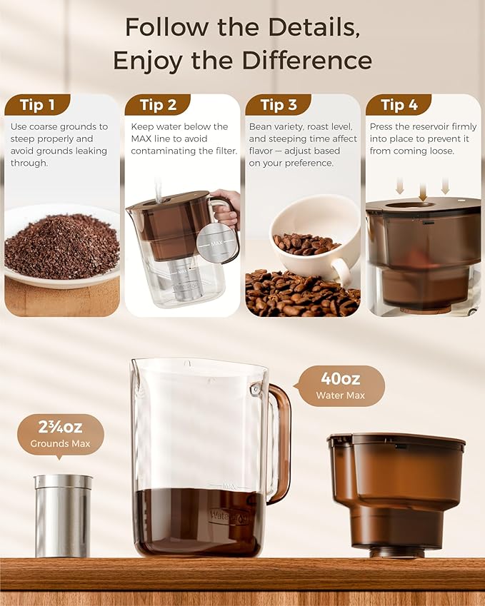 Waterdrop Cold Brew Coffee Maker with 1 Magnesium Water Filter, Well-Balanced Acidity, Unlocks Flavor and Aroma, BPA-Free, Precision Fine Mesh Filter for Iced Coffee, Tea, Lemonade, Brown