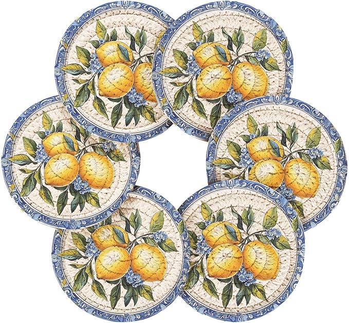 Cup Coasters for Drinks Lemon Italianblue Tile Coasters Set of 6, Absorbent Coaster with Holder Cotton Woven Coaster for Coffee Wooden Table Home Decor
