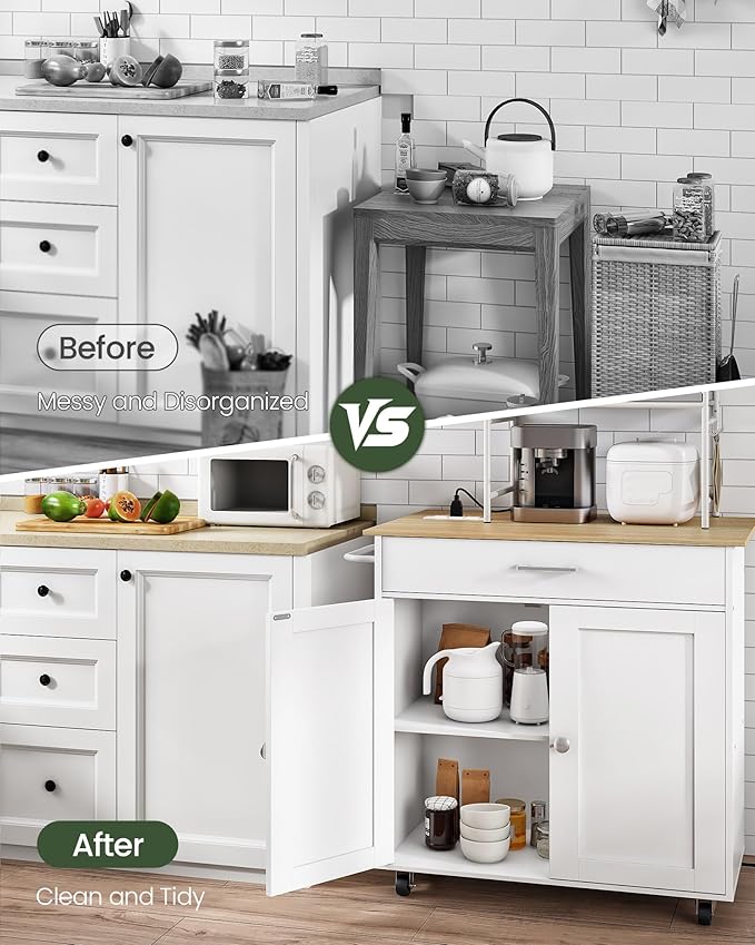 Kitchen Island, Kitchen Island Cart with One Double Cabinet and Drawer, Rolling Storage Cart with Power Strip, with Drop Leaf, for Kitchen, Living Room, White and Natural MZD01UWNN1