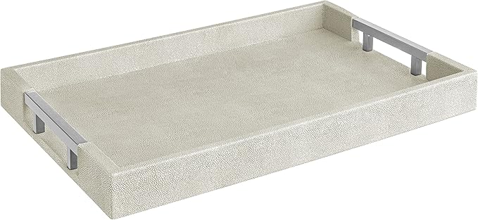 Modern Elegant 17.5"x12" Rectangle Natural Ivory Beige Faux Leather Shagreen Decorative Tray Ottoman Coffee Table Perfume Vanity Kitchen Serving Tray with Silver Metal Handles by Home Redefined.