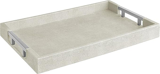 Modern Elegant 17.5"x12" Rectangle Natural Ivory Beige Faux Leather Shagreen Decorative Tray Ottoman Coffee Table Perfume Vanity Kitchen Serving Tray with Silver Metal Handles by Home Redefined.