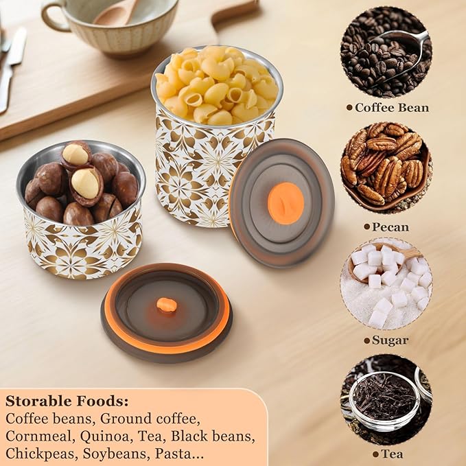 ALAZA Gold Geometric Flower Floral Airtight Coffee Bean Canister 500ml Food Storage Containers with Lids For Gournd, Tea, Sugar, Flour, Rice, Cereal, Candy Cookie Jar