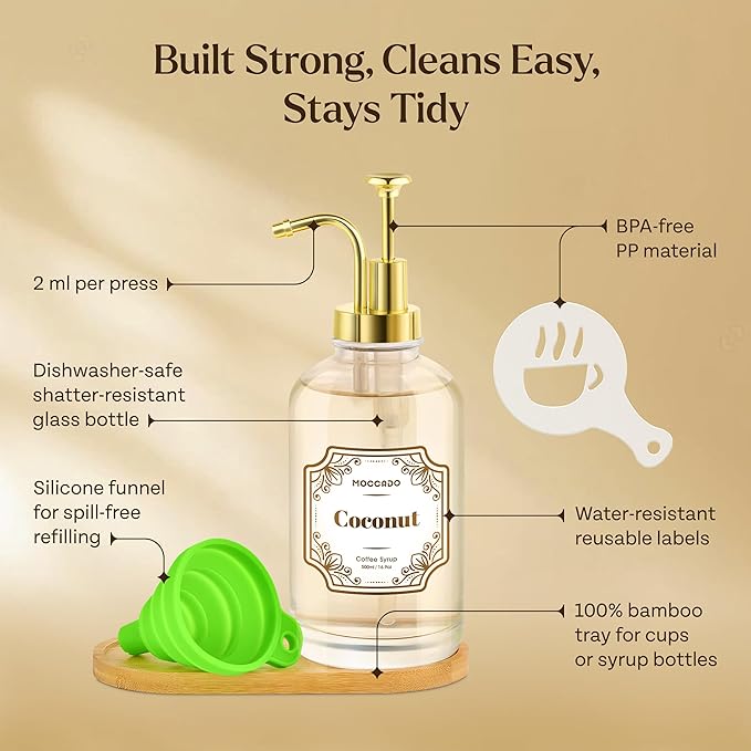 Moccado Glass Coffee Syrup Dispenser for Coffee Bar - Set of 2 Gold 500 ml / 16.9 oz Glass Syrup Bottles, Includes Bamboo Tray, 16 Stencils, Labels, Coffee Bar Accessories