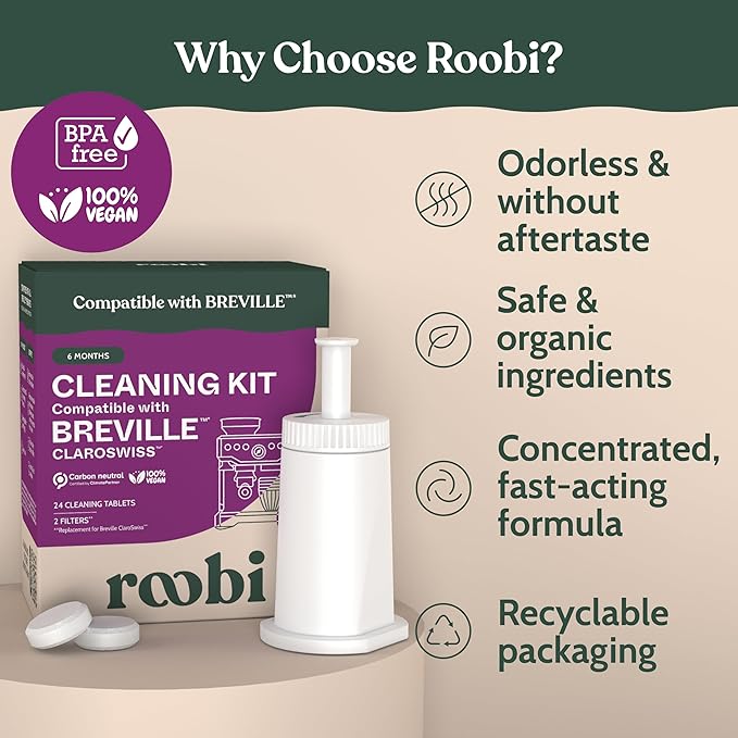 Roobi Espresso Cleaning Kit compatible with Breville ClaroSwiss Filters. Includes 24 Cleaning Tablets and 2 ClaroSwiss Water Filters. Carbon Neutral. 6 Month Supply.