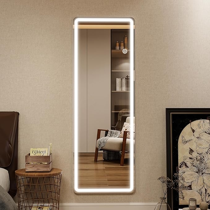 VooBang 65"x26" LED Full Length Mirror, Floor Body Mirror with Lights - 3 Color Modes, Standing Leaning Wall Mounted for Bedroom, Dressing Room White